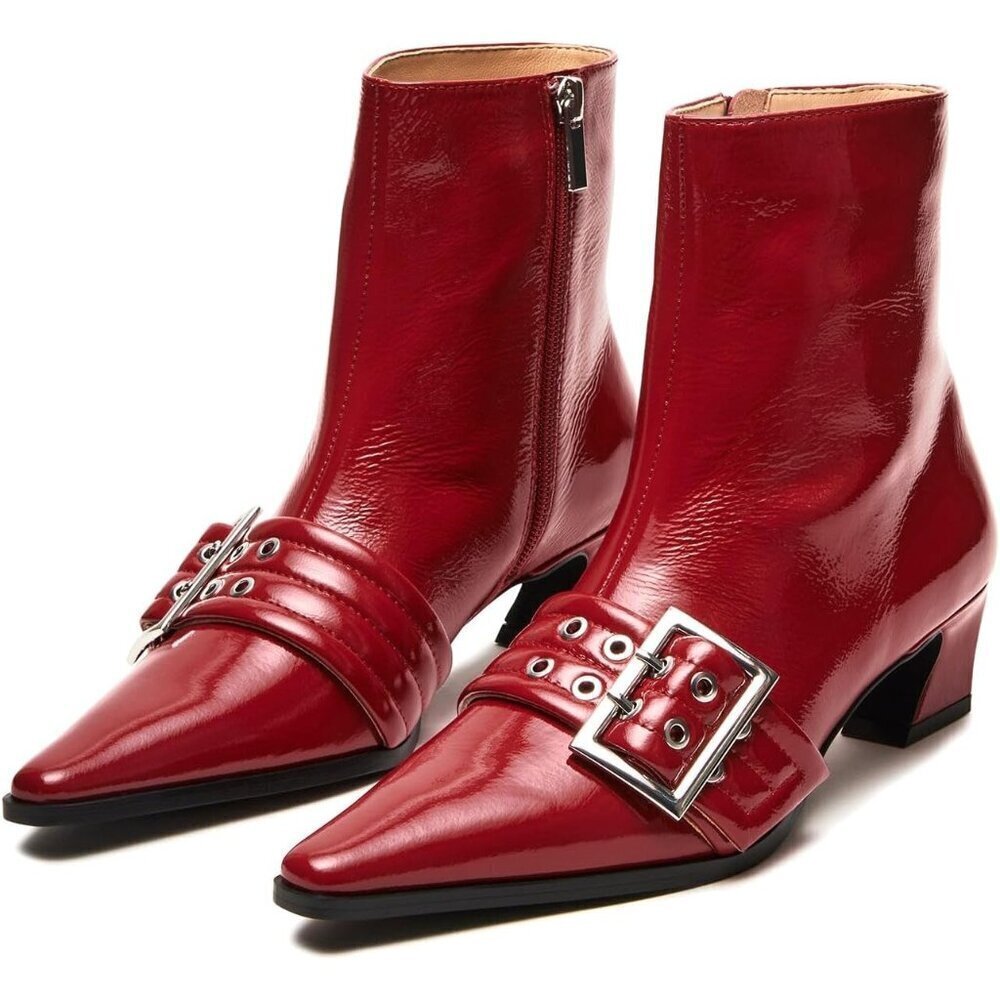 Women's Buckle Red Ankle Boot Kitten Heel Pointed Toe Leather Fashion Dress Boot
